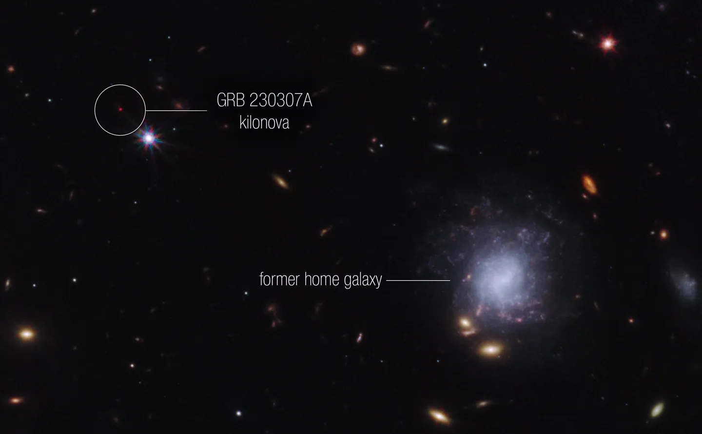 GRB 230307A’s kilonova and its former home galaxy among their local environment of other galaxies and foreground stars. 