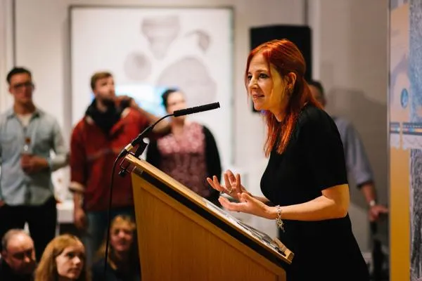 Alice Roberts gives a lecture.