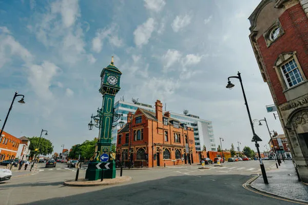 Jewellery Quarter centre, with the large central clock and surrounded by bars and shops