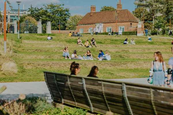 Students relaxing on the green heart